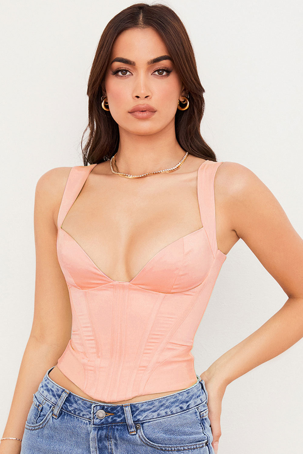 Satin-Korsett-Tanktop mit Bindebändern und Herzausschnitt - Weiß