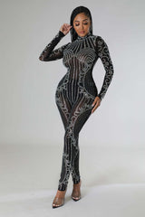 Jumpsuit mit Rundhalsausschnitt und Strass-Netzstoff