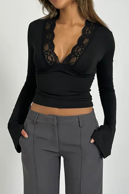Lace Trimmed Deep V Flared Long Sleeved Top