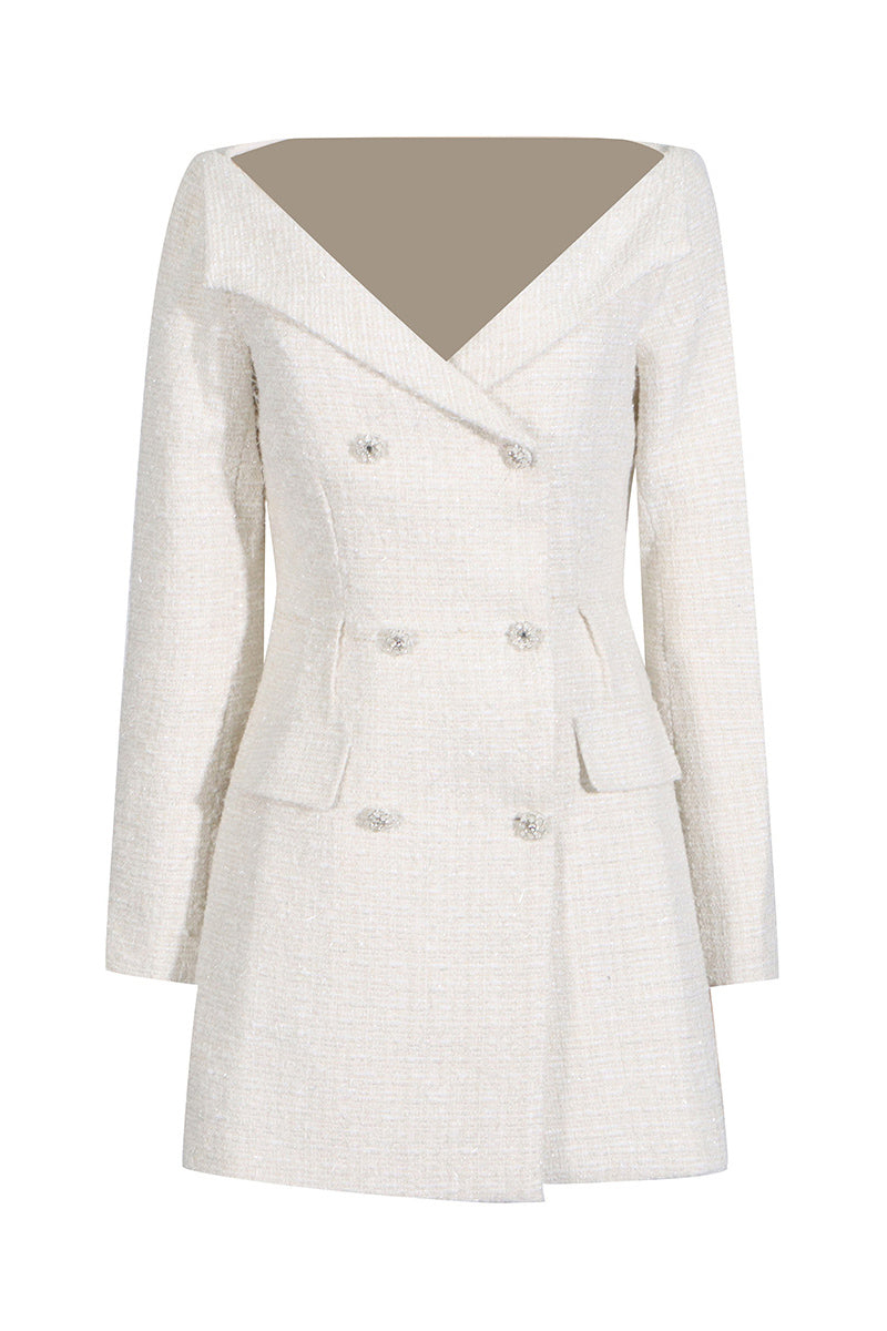 Beiges zweireihiges Bouclé-Minikleid