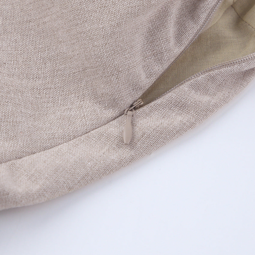 Süßes Leinen-Babydoll-Minikleid mit Puffärmeln und quadratischem Ausschnitt - Khaki