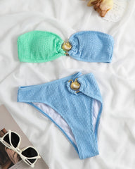 Colorblock Bandeau Crinkle High Rise Bikini Set With Gold Shell Detail - Lilac & Salmon