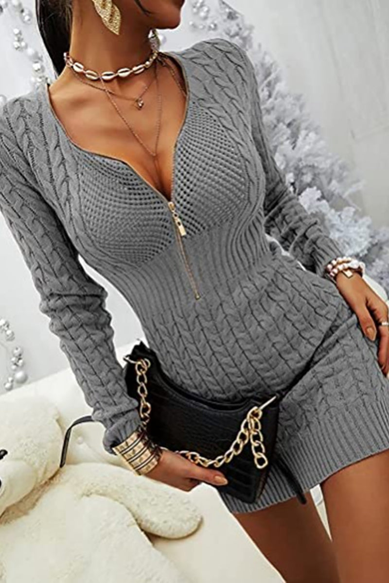 Vestido tipo suéter ajustado con cuello en V y cremallera