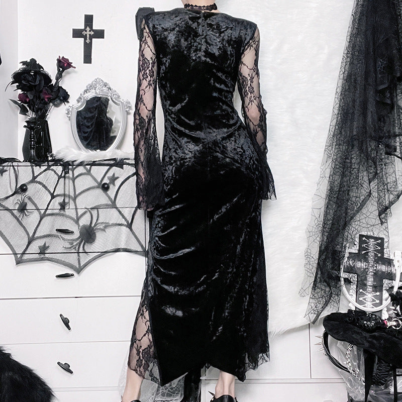Vestido maxi ajustado con escote en V y mangas largas con aberturas