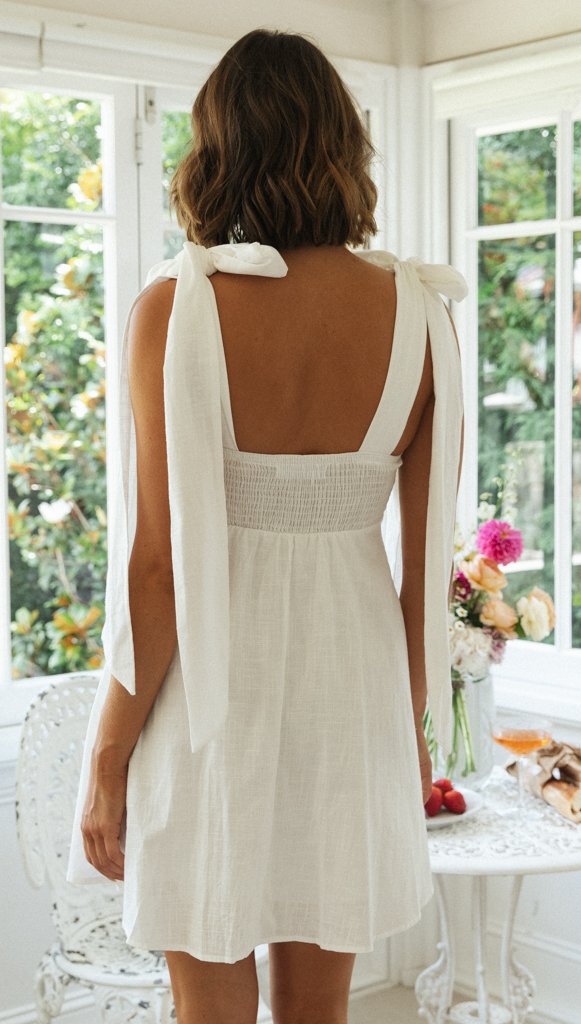 Kamila Babydoll-Kleid aus Baumwollleinen mit Bindebändern - Weiß