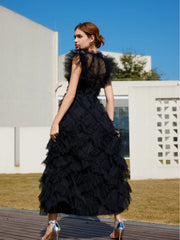 Vestido maxi ajustado con cuello alto, manga corta y volantes HT0916 