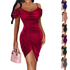 Off Shoulder Ruched Asymmetrical Hem Velvet Dress