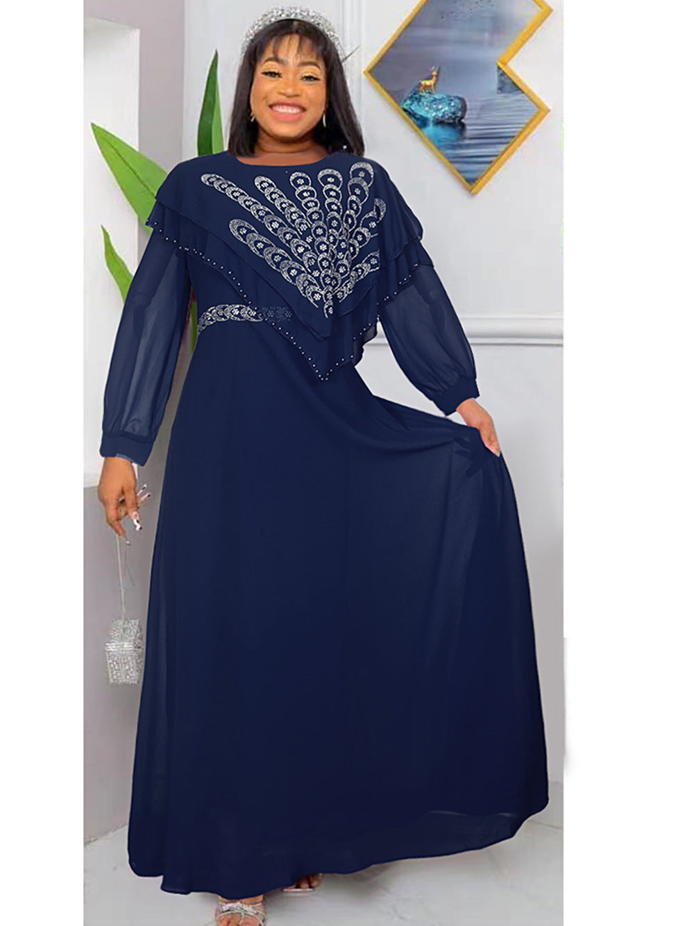 Chiffon Langarm Strass Maxikleider