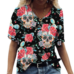 Kurzarm-T-Shirt mit V-Ausschnitt und Totenkopf-Print