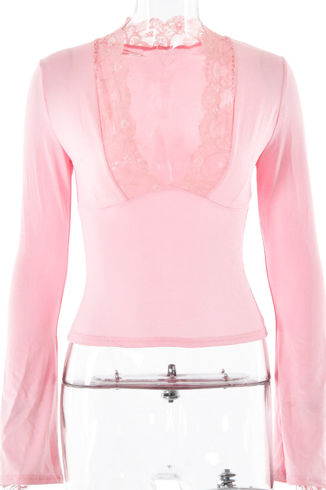 Lace Trimmed Deep V Flared Long Sleeved Top
