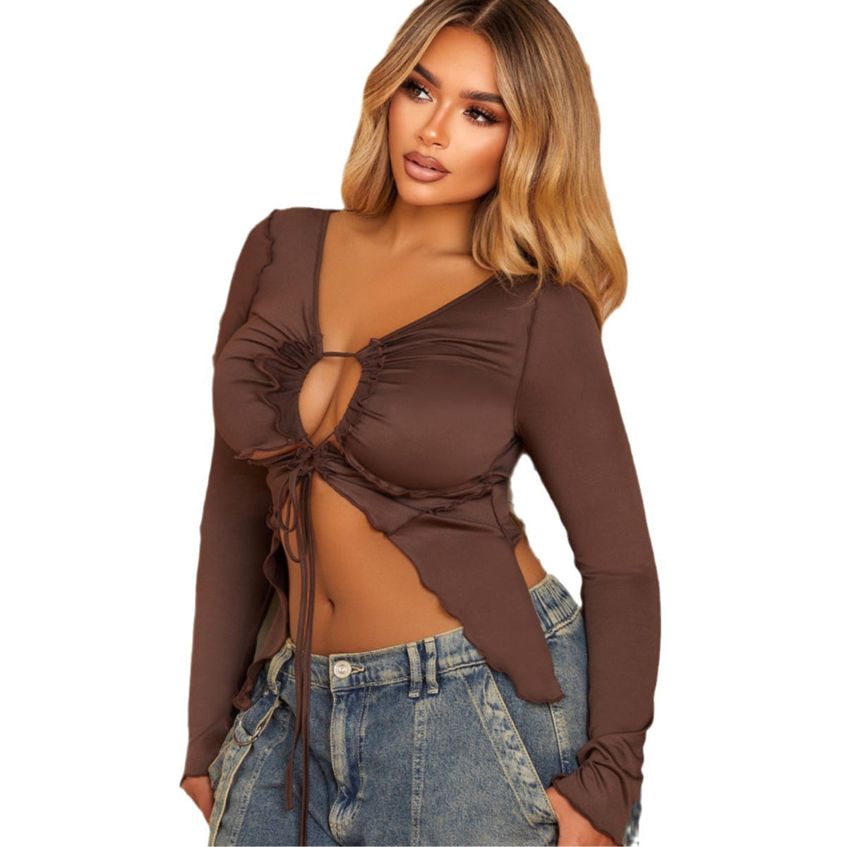 Long Sleeve Tie Mesh Top