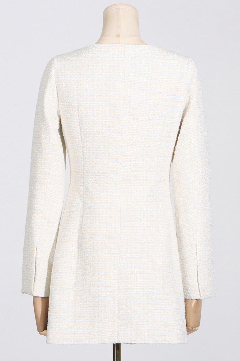 Beiges zweireihiges Bouclé-Minikleid