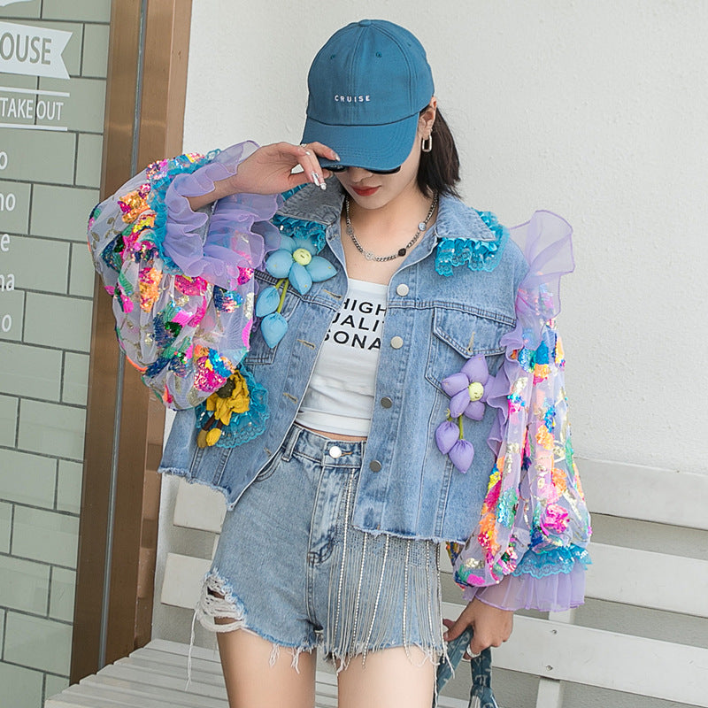 Plus Size Blau Peter Pan Kragen Pailletten Denim Mäntel Langarm