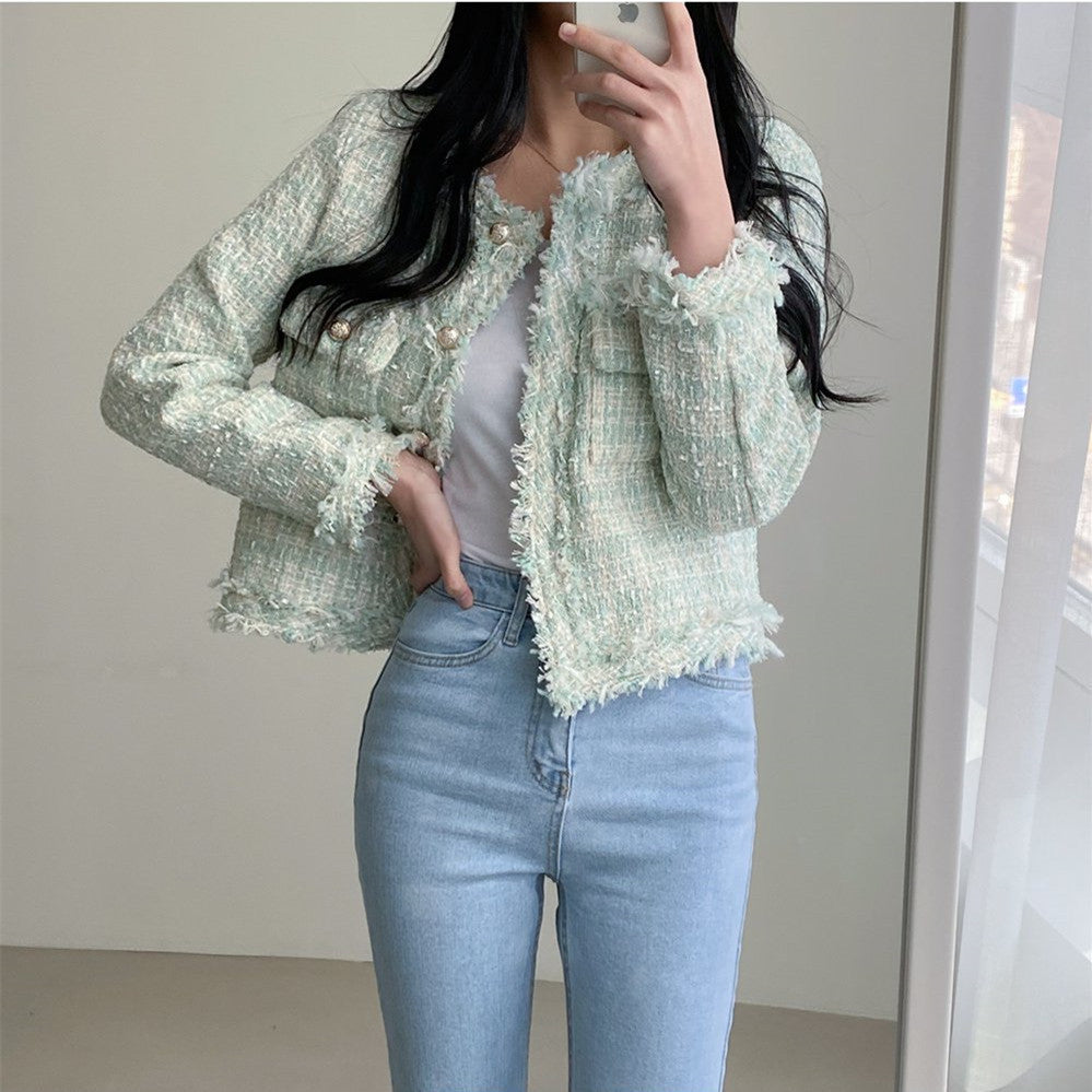 Ausgefranste Slim-Fit-Jacke mit offener Vorderseite und Karomuster