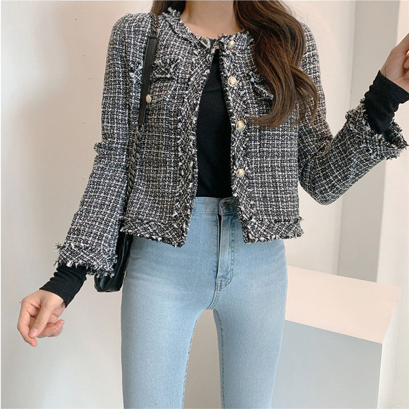 Ausgefranste Slim-Fit-Jacke mit offener Vorderseite und Karomuster
