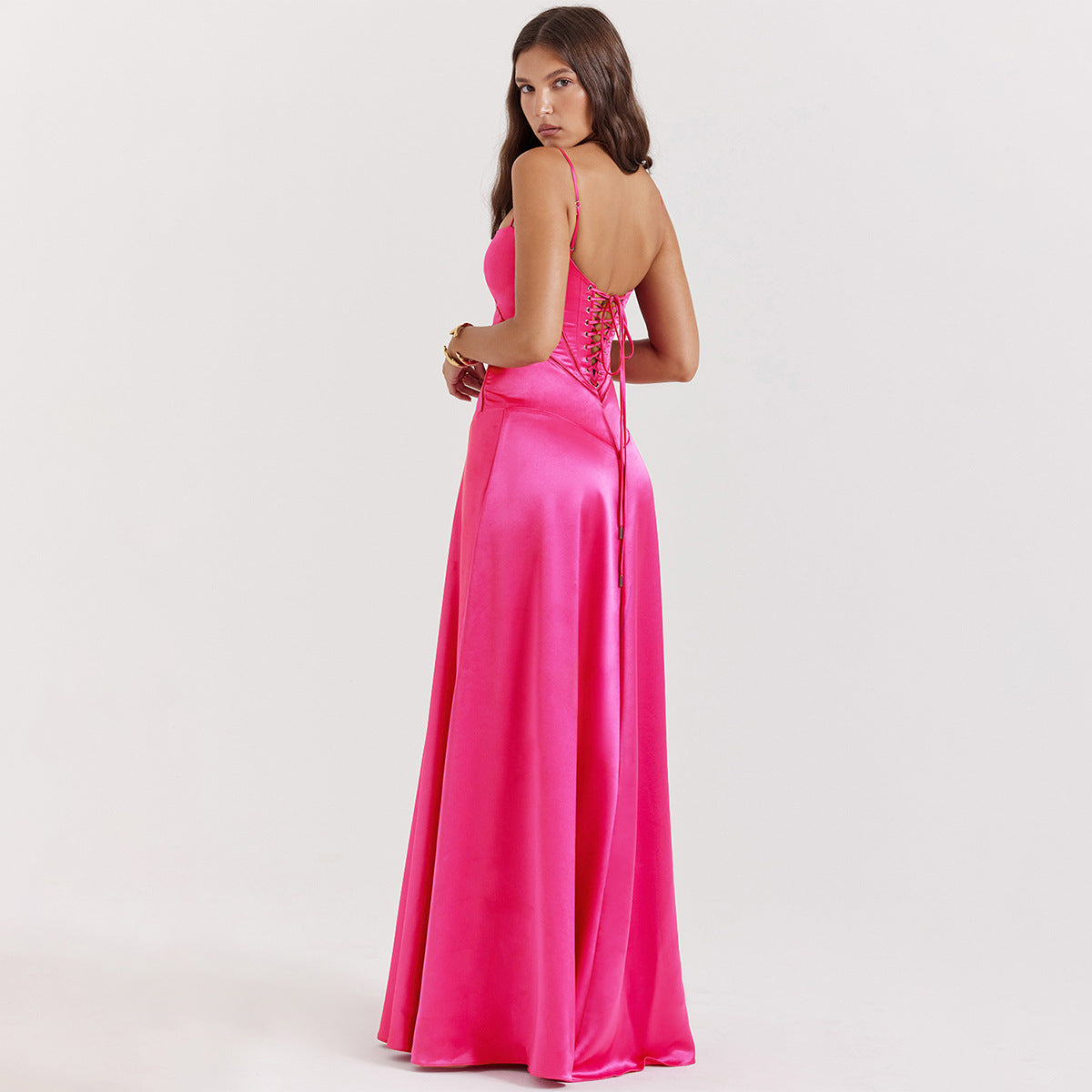 Vestido largo negro con cordones Anabella - Rojo rosa