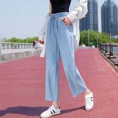 Himmelblaue Tencel-Jeans mit hoher Taille und weitem Bein und Taschen