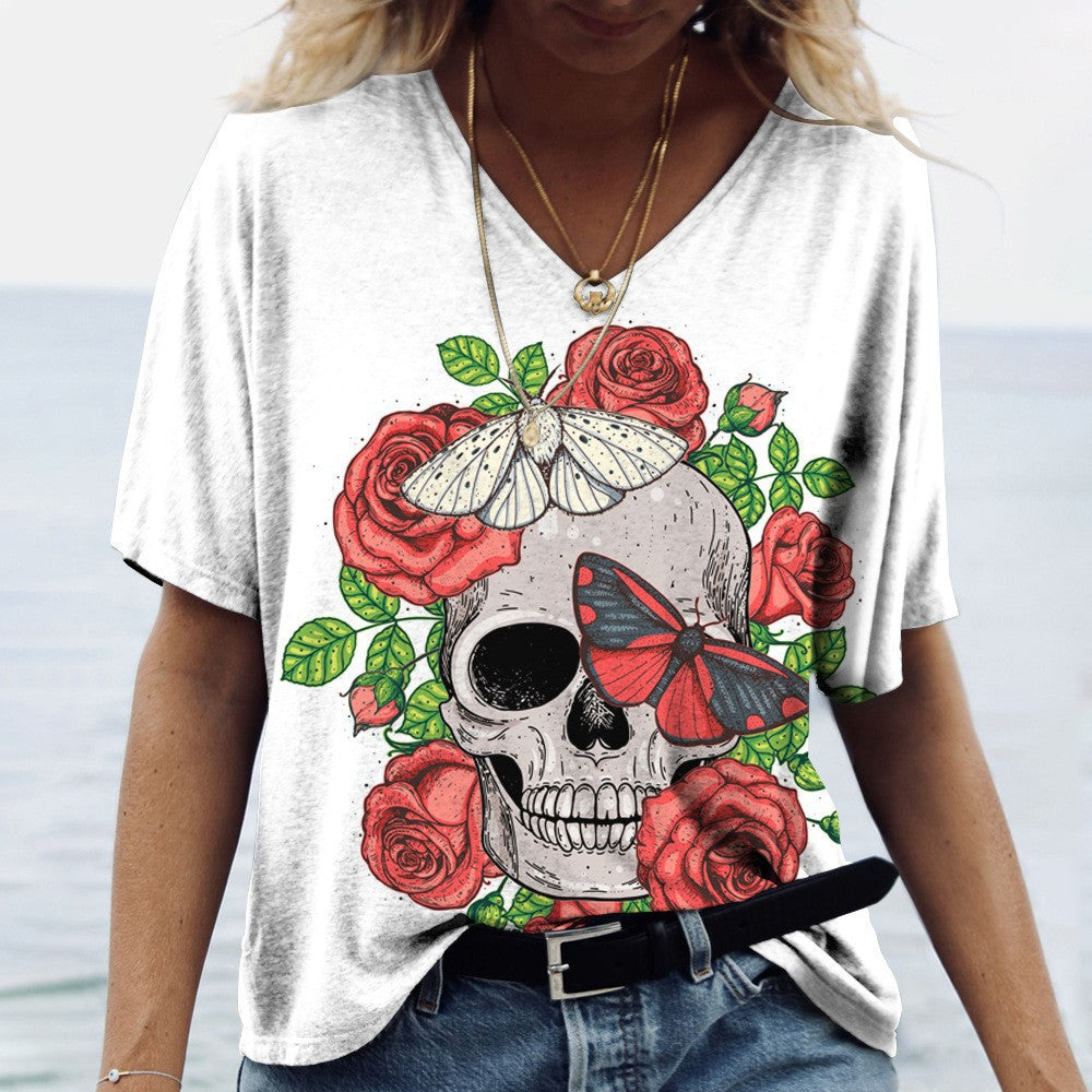 Kurzarm-T-Shirt mit V-Ausschnitt und Totenkopf-Print