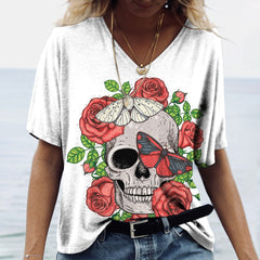 Kurzarm-T-Shirt mit V-Ausschnitt und Totenkopf-Print