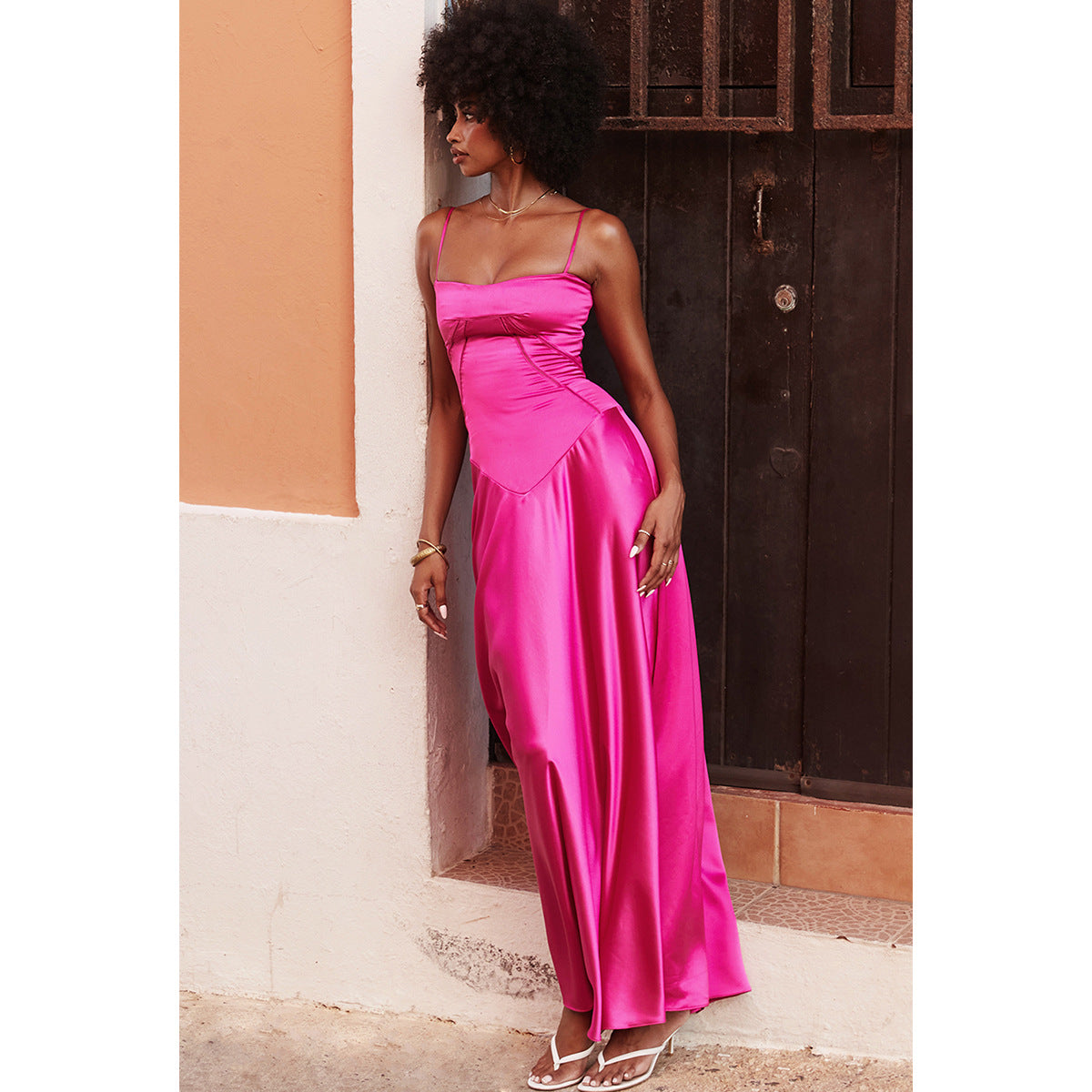 Vestido largo negro con cordones Anabella - Rojo rosa