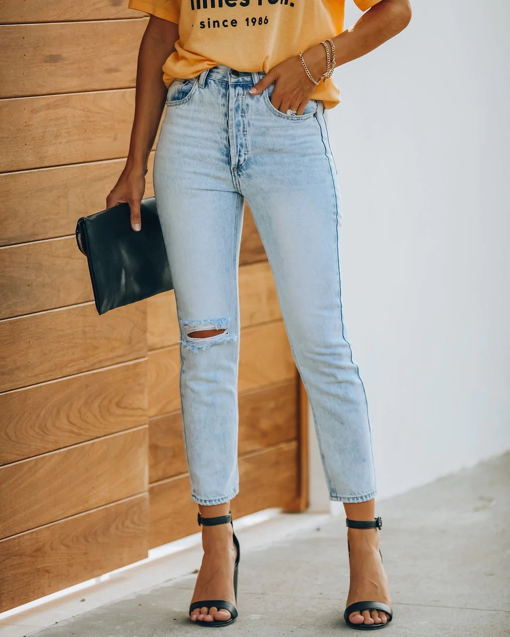 Adriana High Rise Distressed Slim Straight Denim