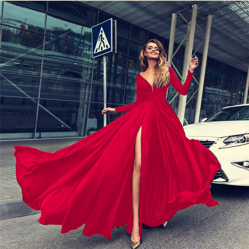 Langärmliges bodenlanges V-Ausschnitt-Split-Mode-Damenkleid