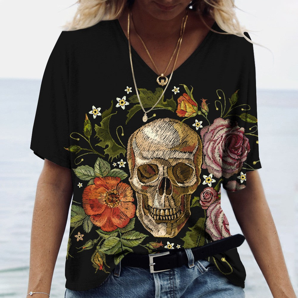 Kurzarm-T-Shirt mit V-Ausschnitt und Totenkopf-Print