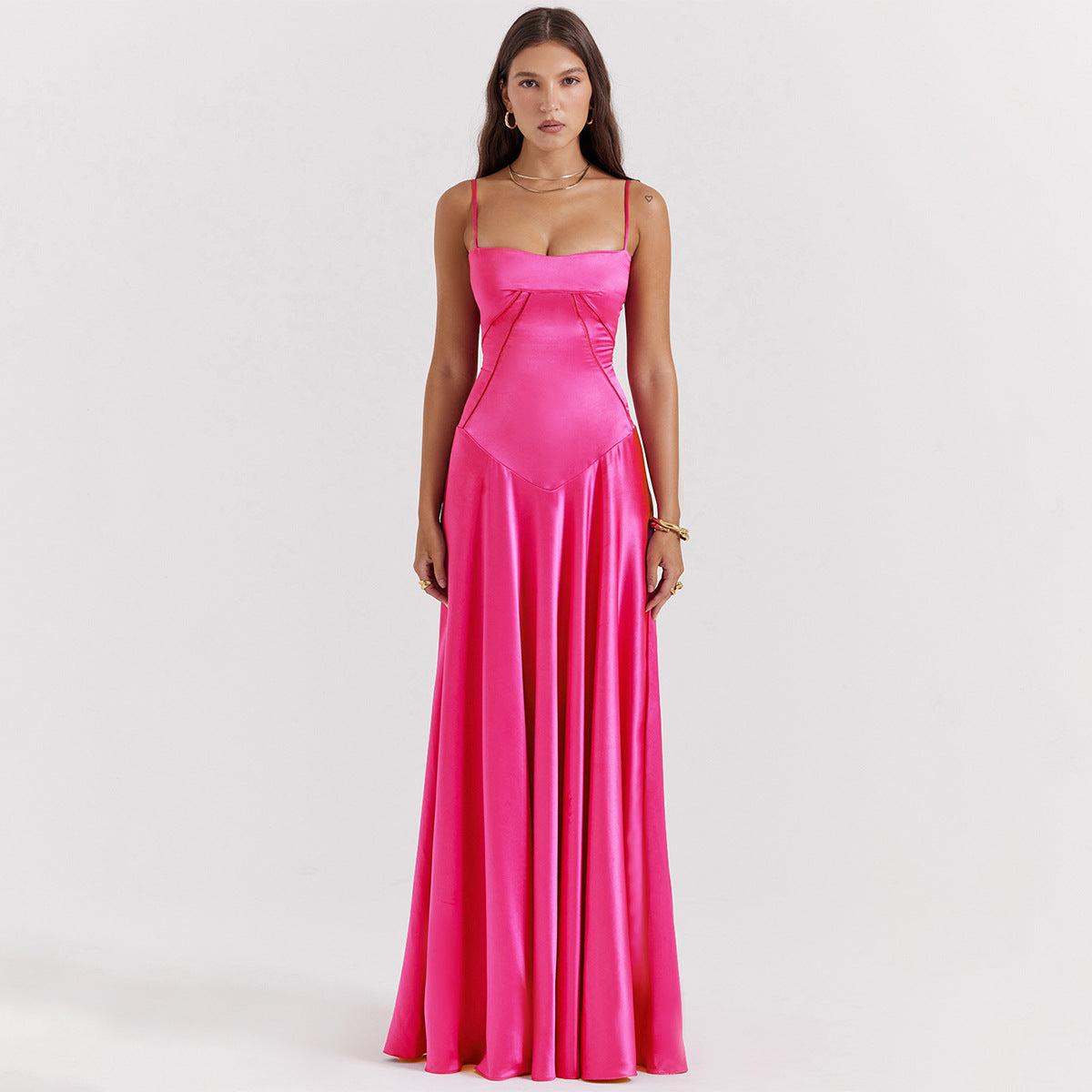 Vestido largo negro con cordones Anabella - Rojo rosa
