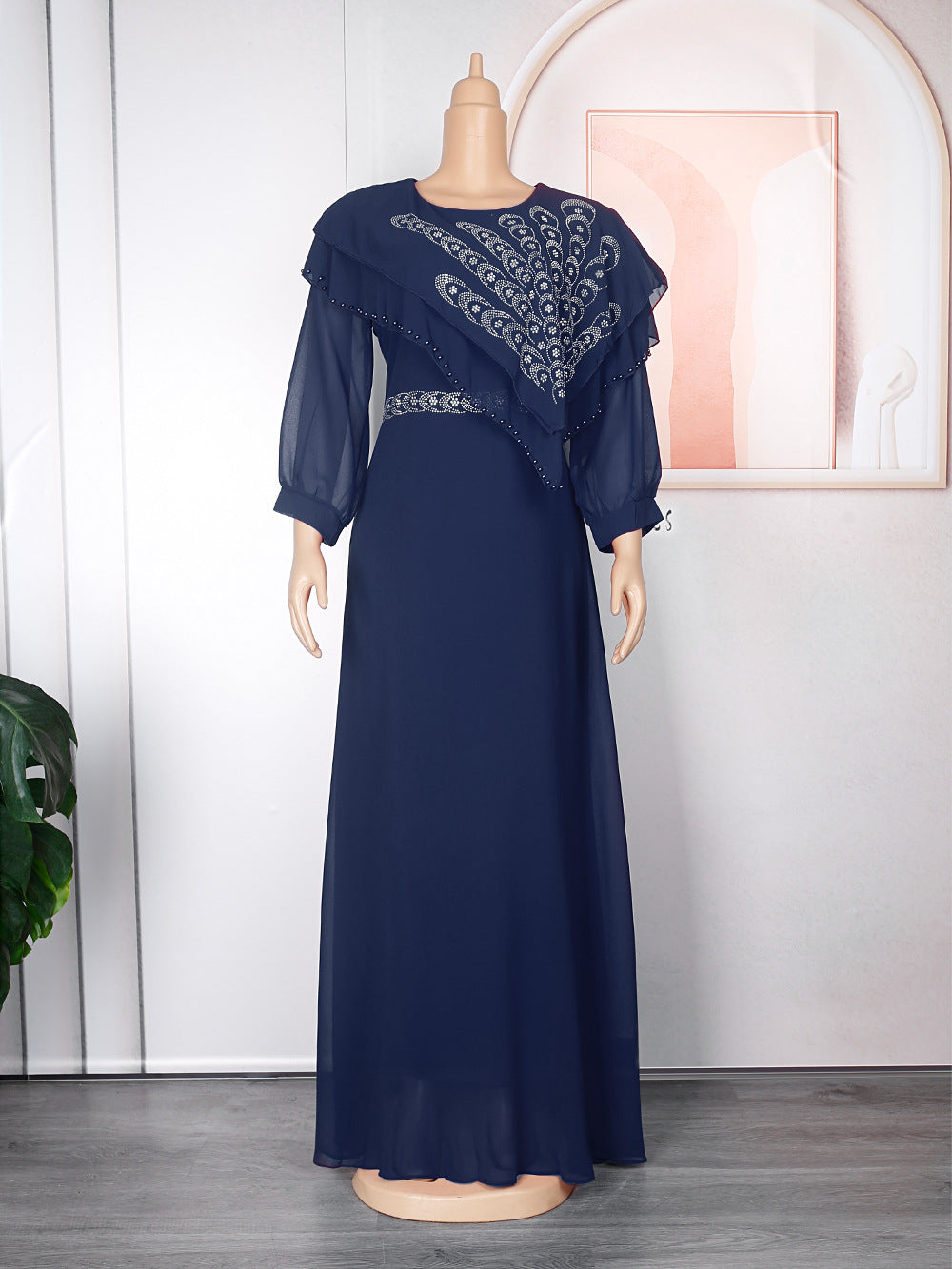 Chiffon Langarm Strass Maxikleider