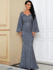 Vestido de noche elegante, ajustado y con escote en V profundo y mangas largas con lentejuelas 