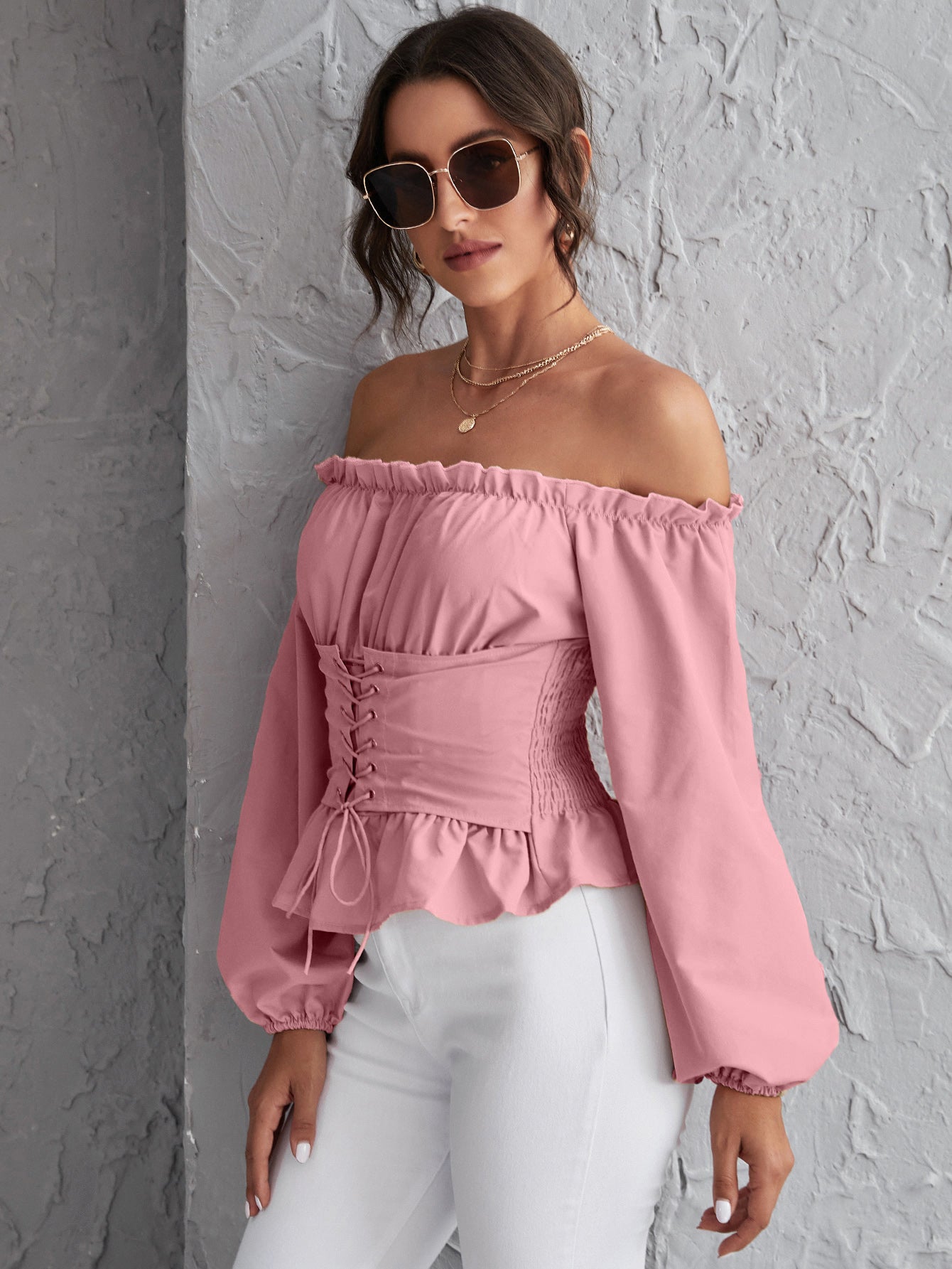 Off Shoulder Lace Up Ruffle Hem Peplum Top Sai Feel