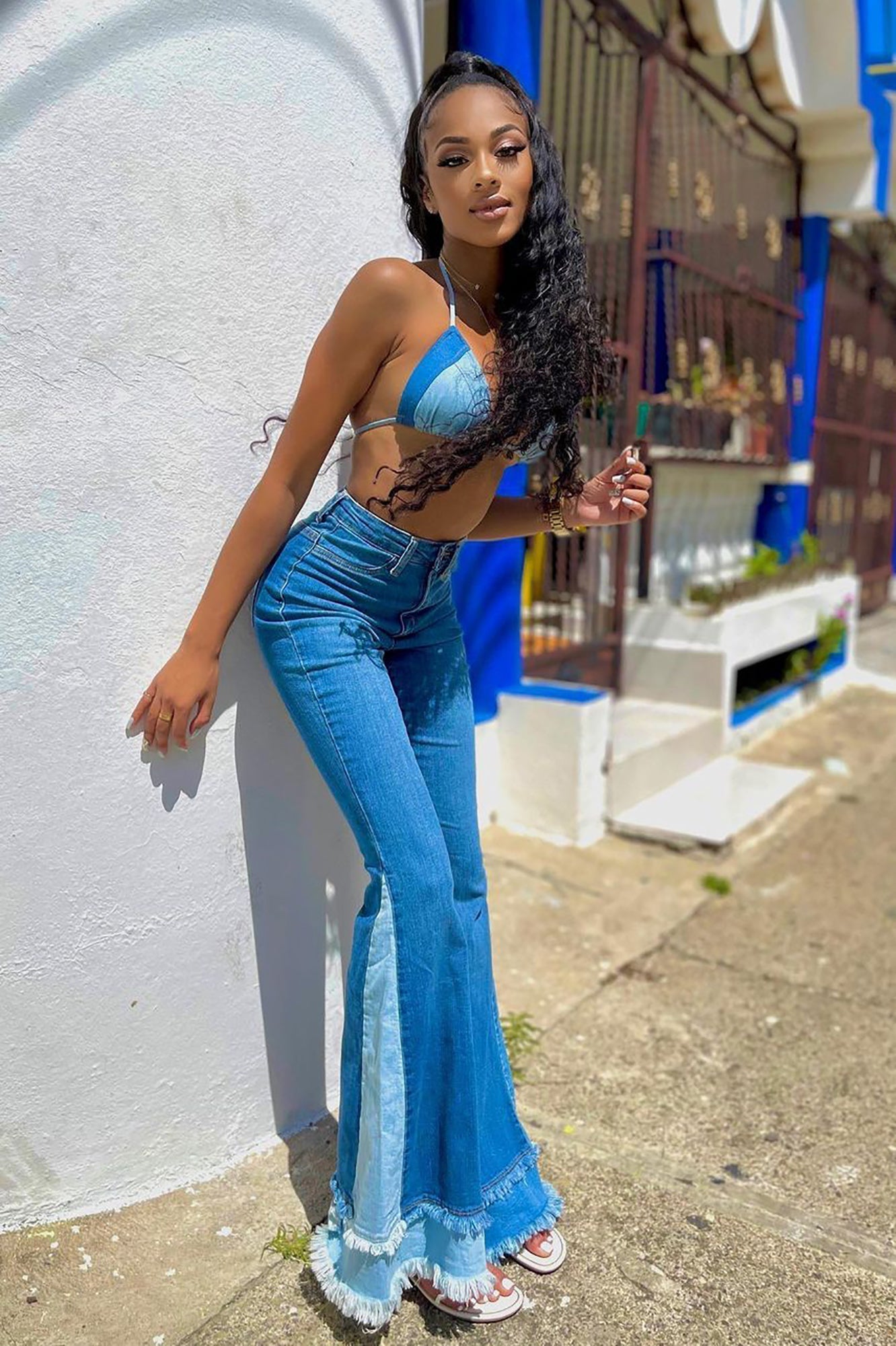 Only The Best Vibes Bell Bottom Jeans - Medium Blue Wash Sai Feel