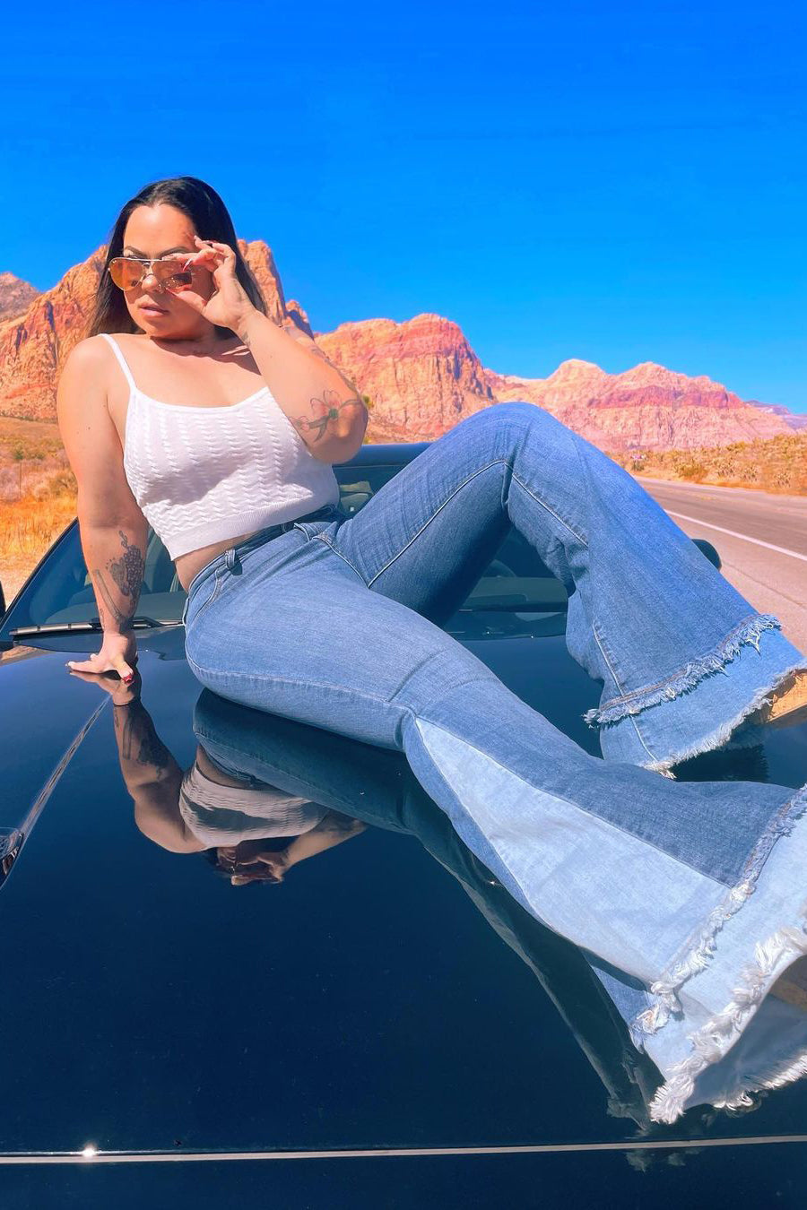 Only The Best Vibes Bell Bottom Jeans - Medium Blue Wash Sai Feel