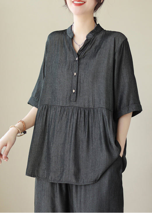 Bio-Grau V-Ausschnitt Patchwork Wrinkled Denim Zweiteiler Kleidung