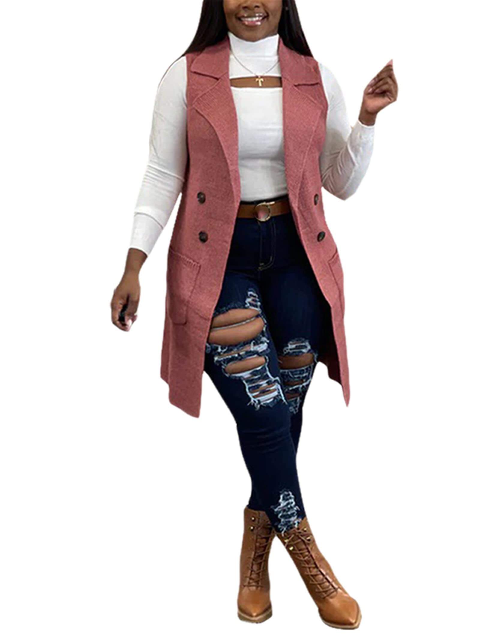 Chaquetas de botones sin mangas con solapa de color sólido