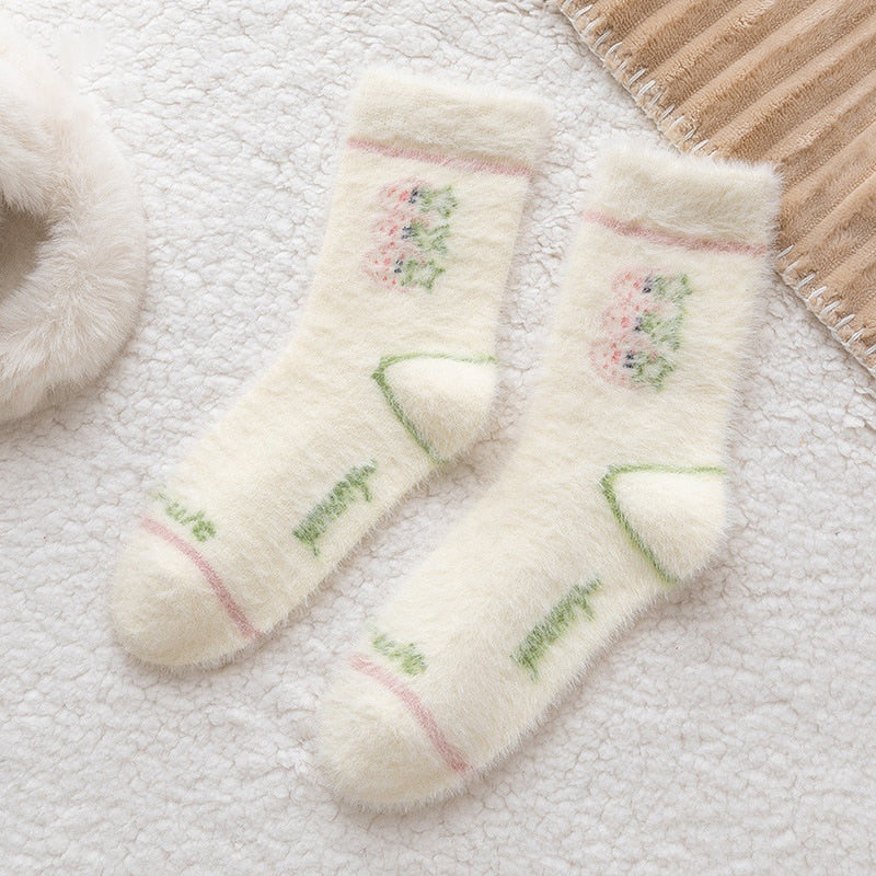 Süße rosa Erdbeermilch-Flauschsocken, 5 Paar