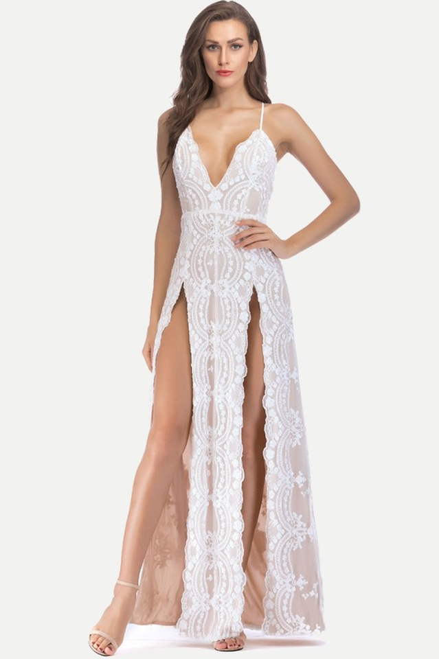 Maxi-Abend- und Partykleid mit Pailletten und Schlitz