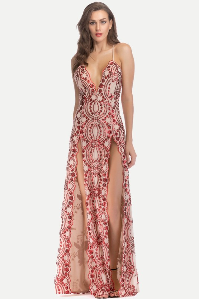 Maxi-Abend- und Partykleid mit Pailletten und Schlitz