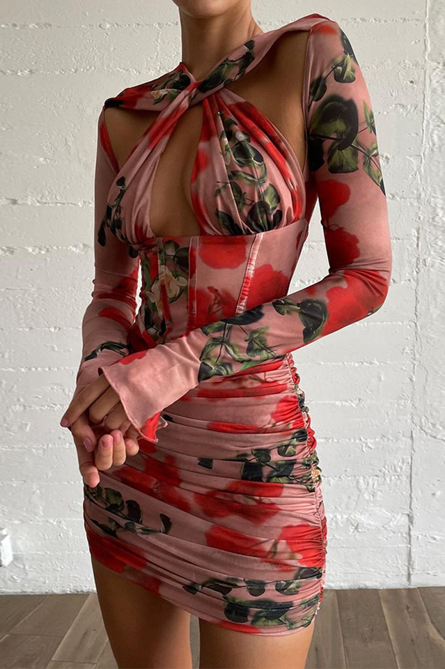 Korsett-Minikleid mit Rosenprint