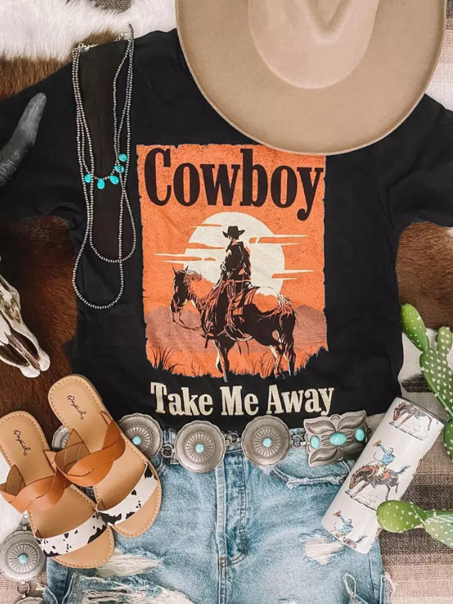 Camiseta de cuello redondo "Vaquero, llévame lejos" 