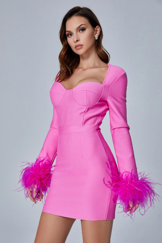 Bustierkleid mit langen Ärmeln und Federn