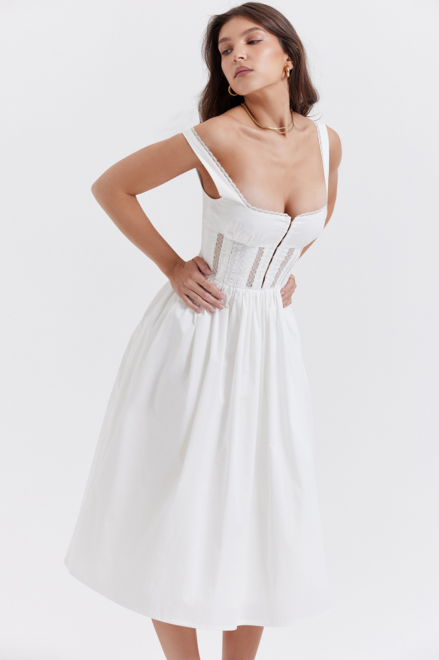 Vestido midi con ribete de encaje blanco