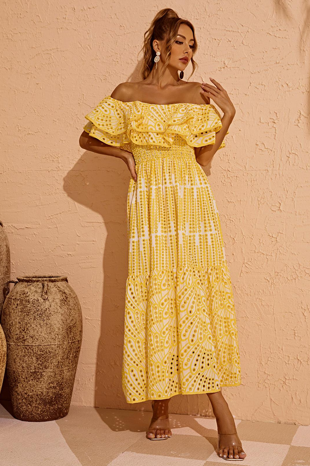 Tulum – Schulterfreies Kleid mit Lochstickerei