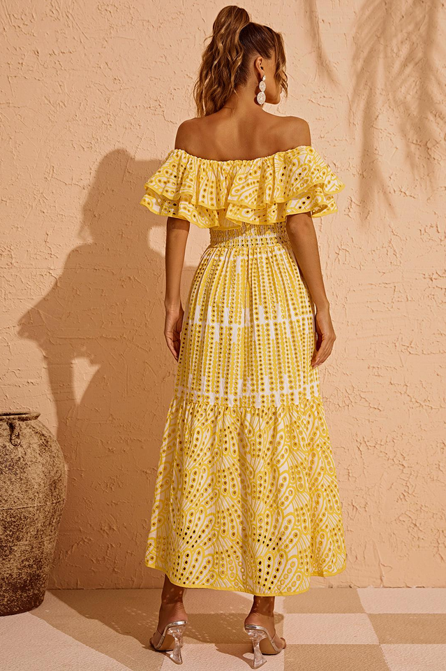 Tulum – Schulterfreies Kleid mit Lochstickerei