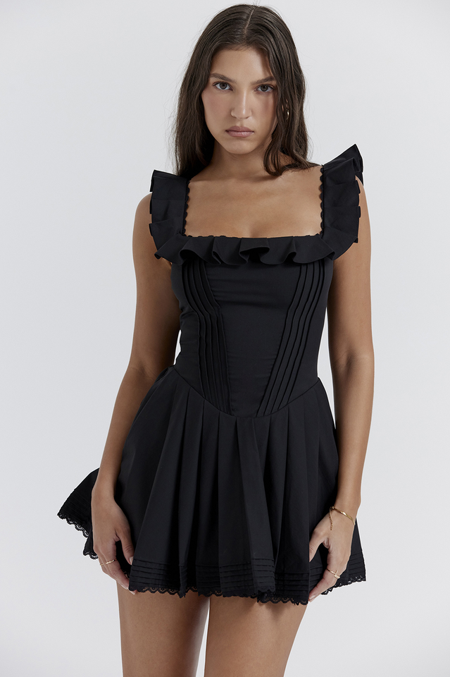 Jemima – Schwarzes Plisseekleid mit Biesen