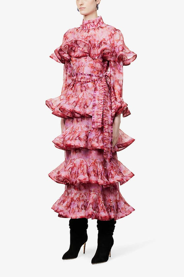 Midikleid aus Leinenmischung mit Stufenrüschen