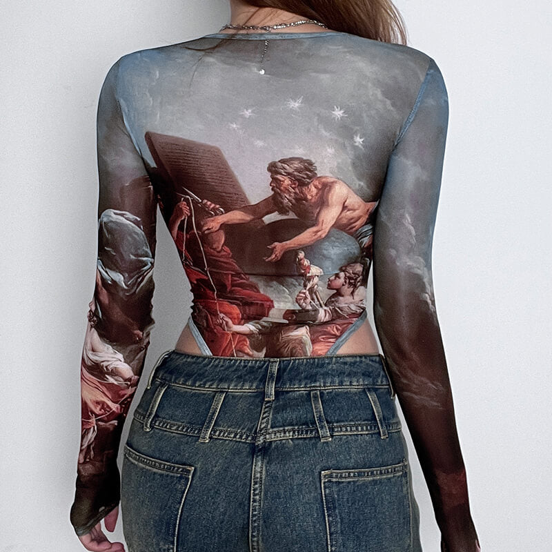 Renaissance Kunstdruck Mesh Ästhetischer Bodysuit