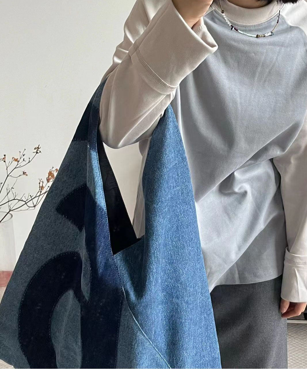 Retro Blaue Patchwork Denim Einkaufstasche mit Buchstabendruck