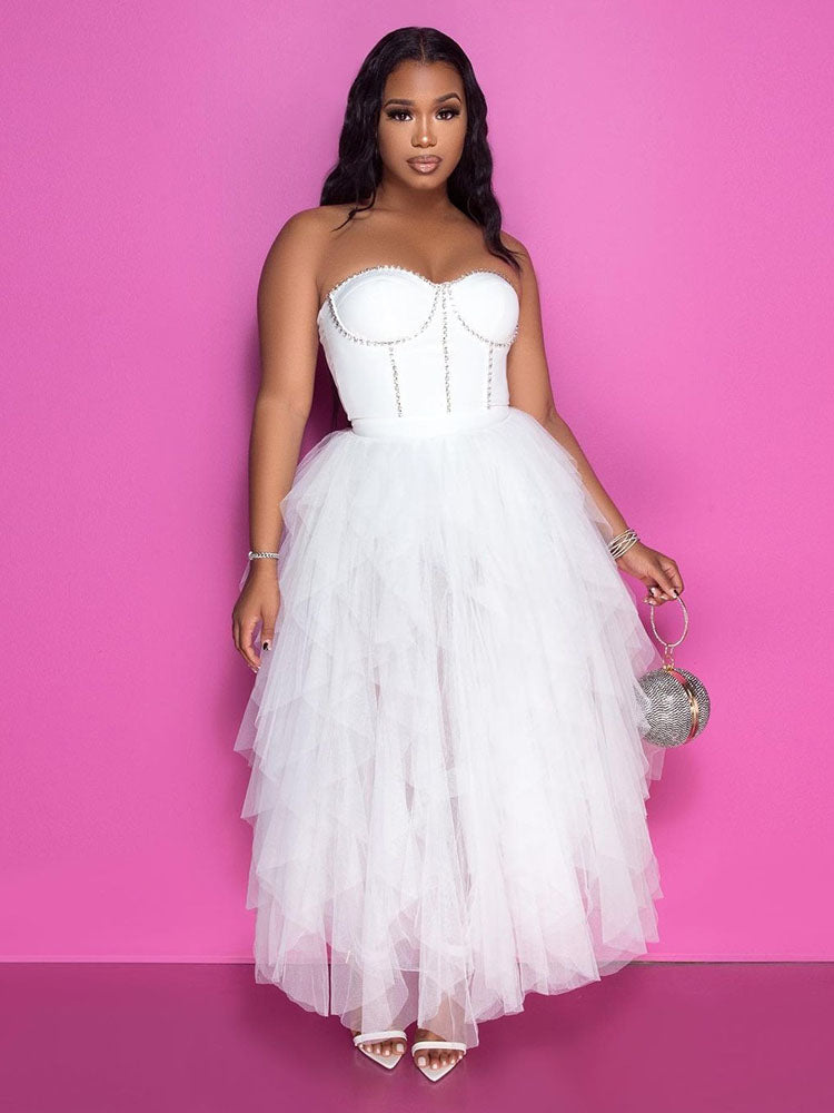 Strassbesetztes Midi-Ballkleid aus Tüll