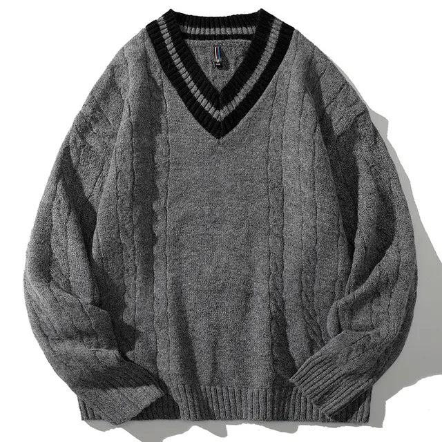 Suéteres de punto de gran tamaño con cuello en V para hombre en invierno